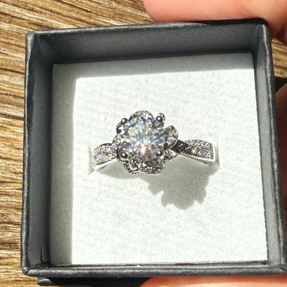 1 CT D Color Moissanite Floral Ring - Adjustable - Rhodium Plated - GRA